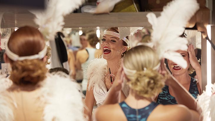 Performers getting ready in the dressing room on Spirit of Adventure